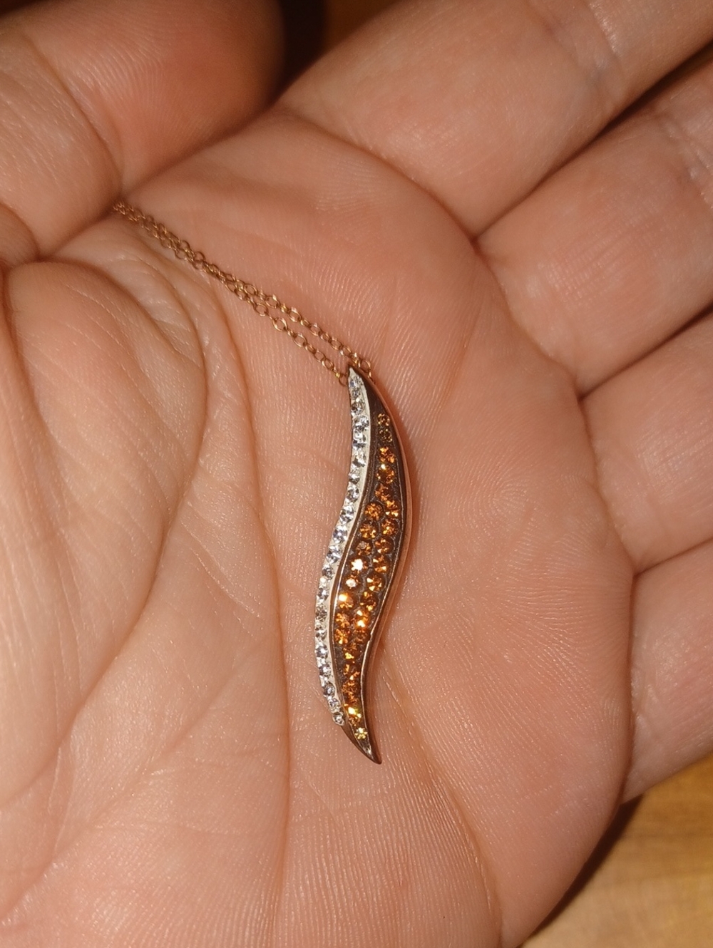 Vintage 925 Sterling Silver Amber & Clear Pave Crystal Wave Pendant Necklace